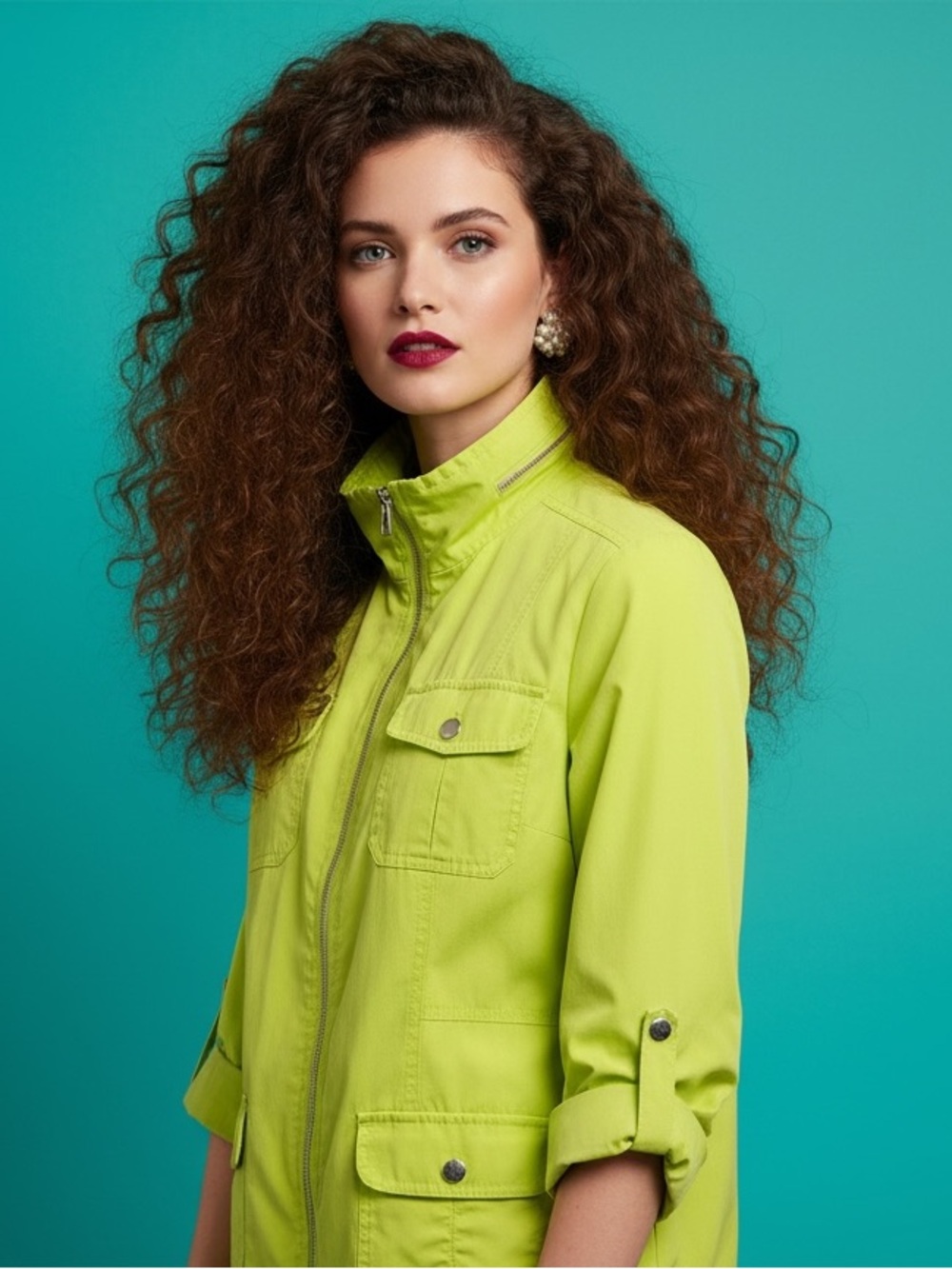 Laura Ashley Lime Green Zip Up Utility Jacket Size XL
